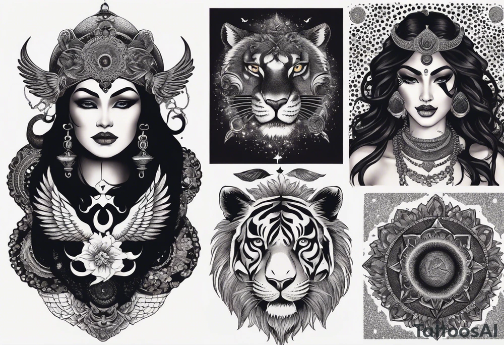black kali, goddess pirate, alien, angel, pachamama, valkrye, warrior, flying, skull, lotus azul, wing, eagle, zenza resonance, stars, 5D, anahata chakra, death, durga, riding on a tiger, flying lady, kundalini, chest tatoo, samuri, rebel,s erpent tattoo idea
