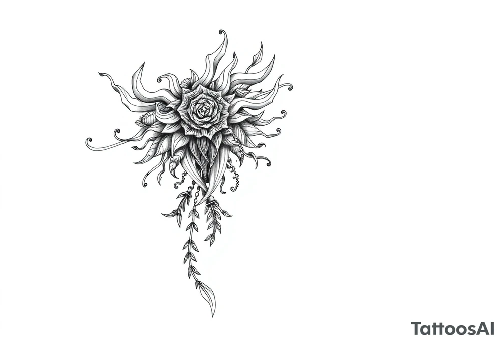 long shaman  style mytical bold line with ancient rhyme tattoo idea