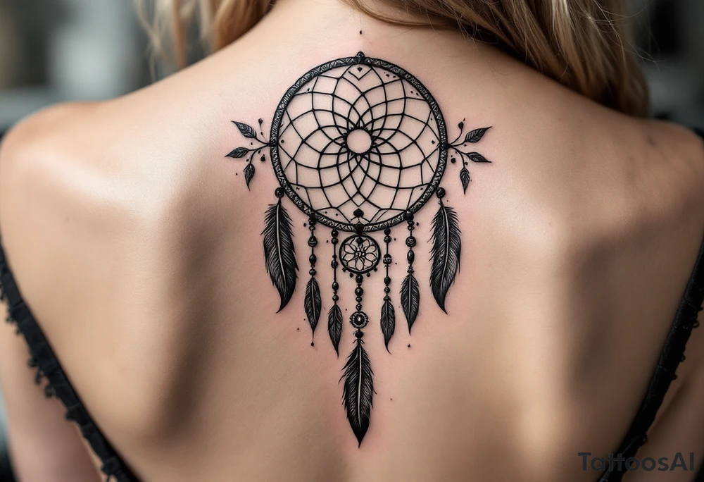 native dreamcatcher with flowing feathers and sacred beads tattoo idea