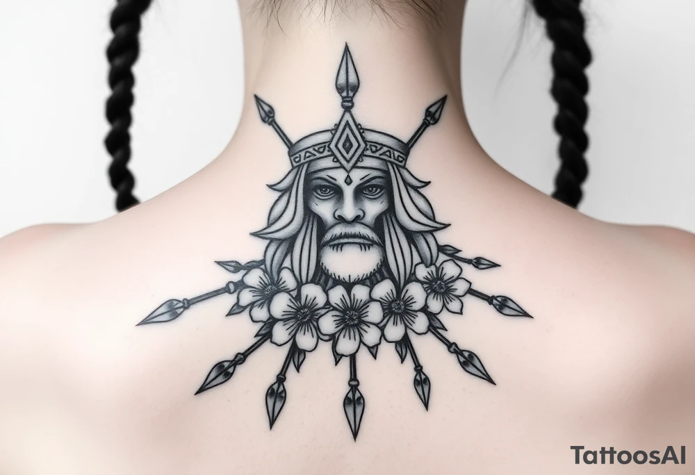 powerful shaman with flowers and spears from Nunavut and representing pain, anger love and healing for front of neck tattoo idea