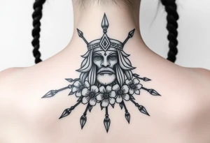 powerful shaman with flowers and spears from Nunavut and representing pain, anger love and healing for front of neck tattoo idea