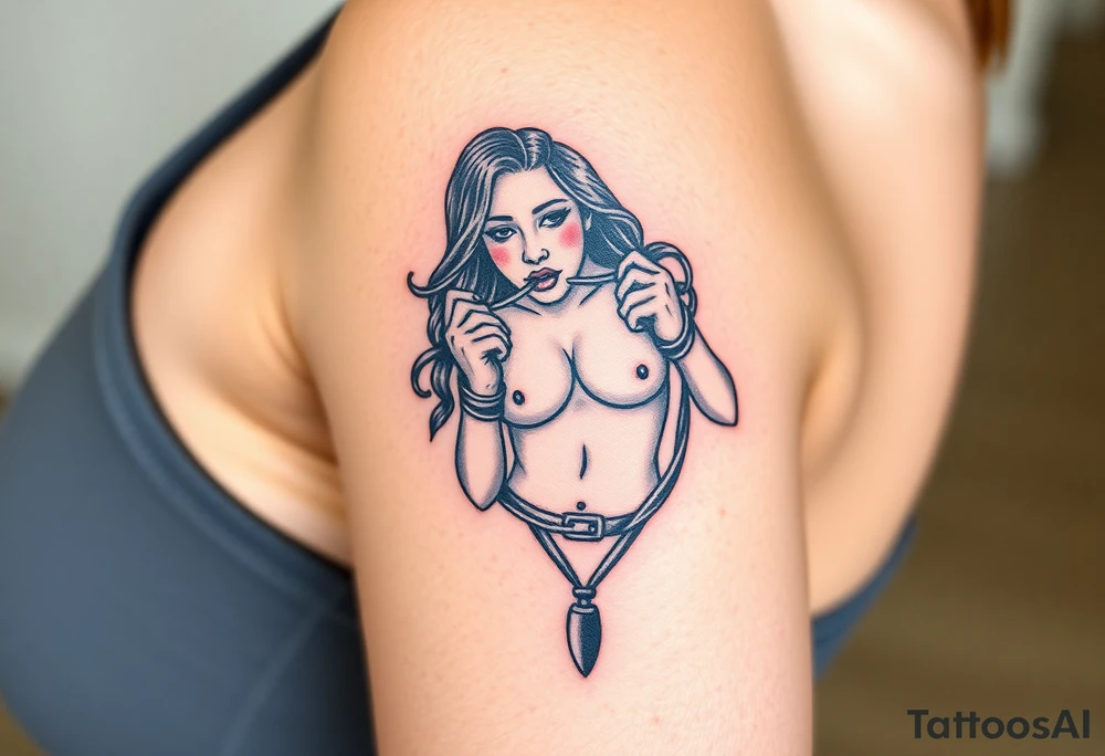 Naked Woman in restraints, with her mouth held agape and a penis entering tattoo idea