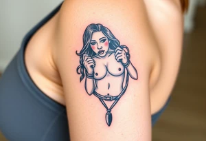 Naked Woman in restraints, with her mouth held agape and a penis entering tattoo idea