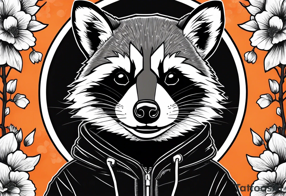 Raccoon wearing a white Superman logo on a black hoodie and orange Japanese cherry blossoms tattoo idea