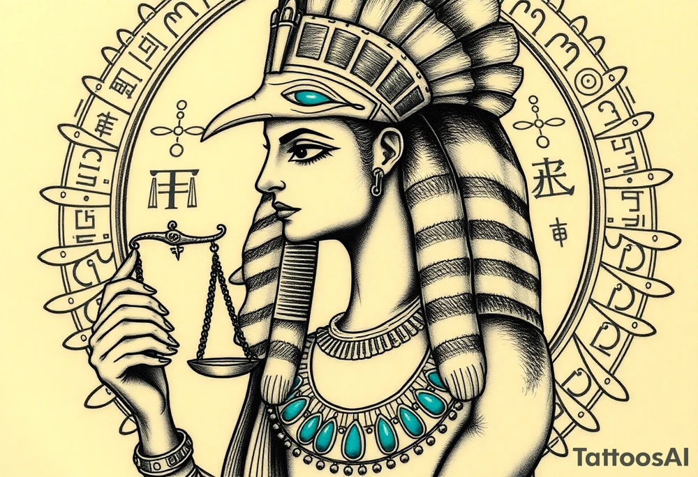 Super realistic tattoo design of the Egyptian goddess Ma’at, depicted as a serene and regal woman with an elegant ostrich feather on her head symbolizing truth and balance, wearing traditional ancient Egyptian attire with intricate gold and turquoise jewelry, holding scales of justice in one hand. The design features detailed facial features with soft natural lighting, realistic skin texture, and subtle shading to emphasize depth and dimension. Background elements include faint hieroglyphics and cosmic symbols representing order and harmony. Style: hyper-realistic, high detail, focused on symbolism and spiritual essence, suitable for upper arm or chest tattoo. tattoo idea