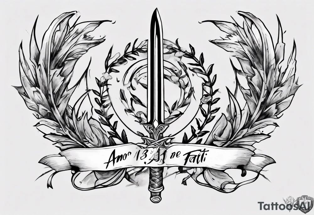 Memorial tattoo using all of the following details - the number 13, a sword, a laurel leaf wreath, and amor fati. tattoo idea