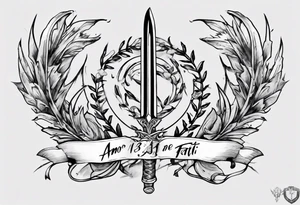 Memorial tattoo using all of the following details - the number 13, a sword, a laurel leaf wreath, and amor fati. tattoo idea