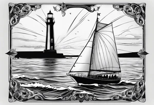 voilier vue de face. phare maritime dans le voilier servant de mat pour les voiles. tattoo idea