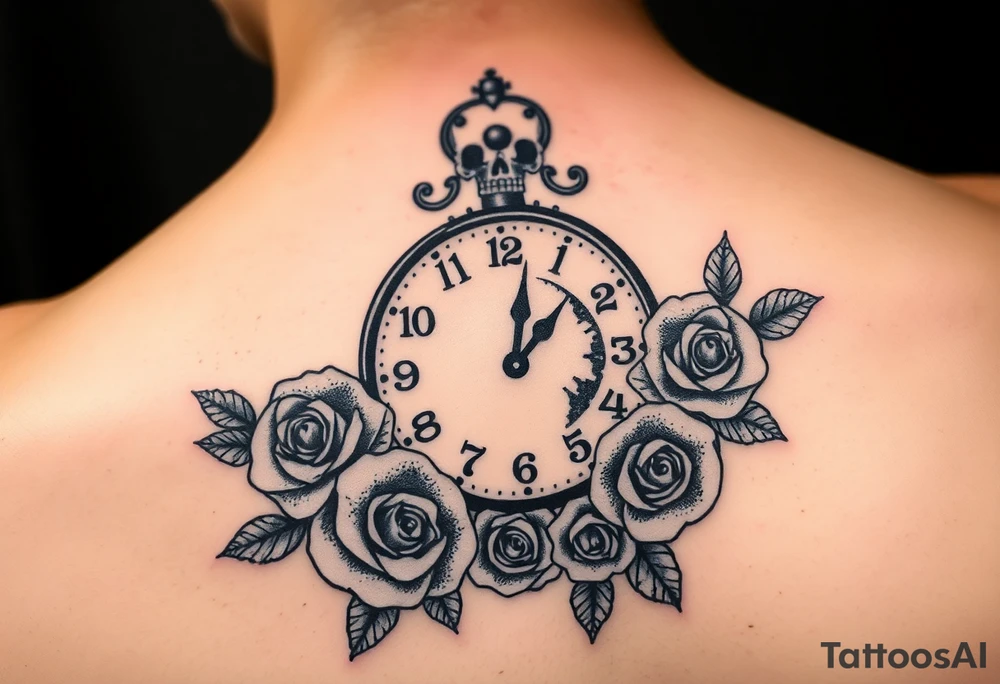 Broken Clock face 11:43 as set time. With roses and skull looking to the clock tattoo idea