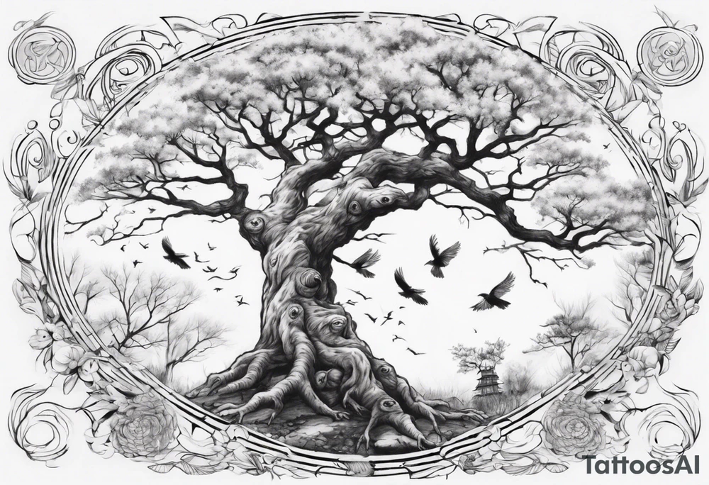 Spring with an oka tree beside, Baird fly over the oka tree tattoo idea