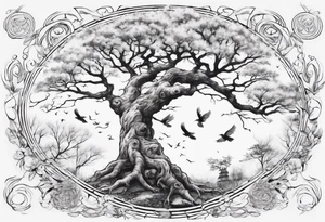 Spring with an oka tree beside, Baird fly over the oka tree tattoo idea