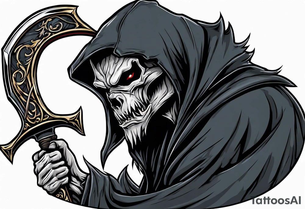 A werewolf face that is the grim reaper holding a scythe tattoo idea