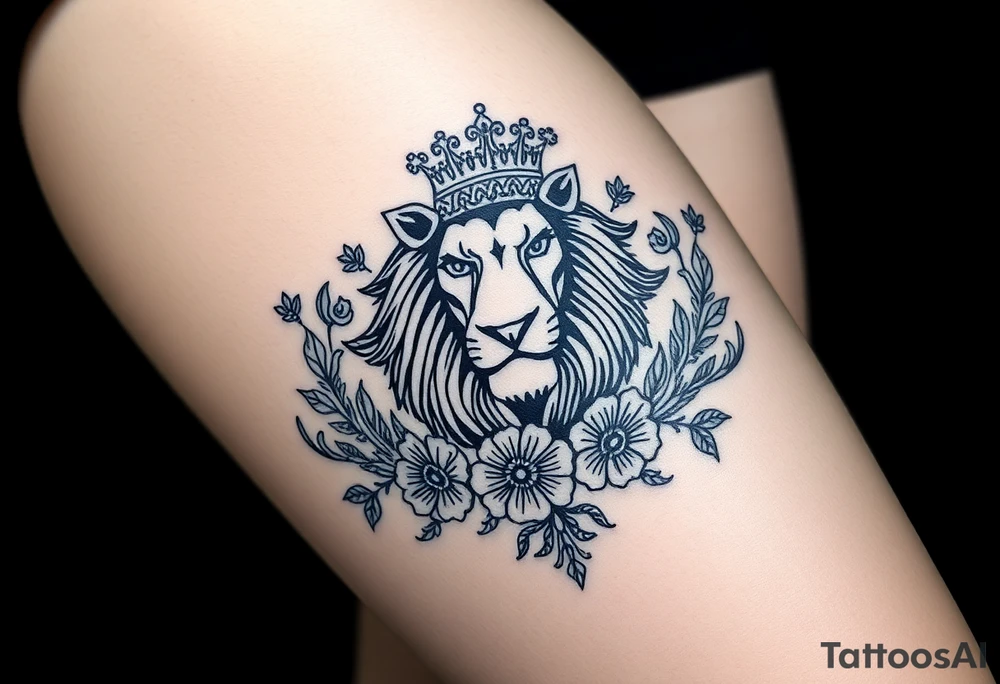 powerful majestic lion with a crown, surrounded by floral ornaments and birds tattoo idea