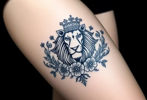powerful majestic lion with a crown, surrounded by floral ornaments and birds tattoo idea