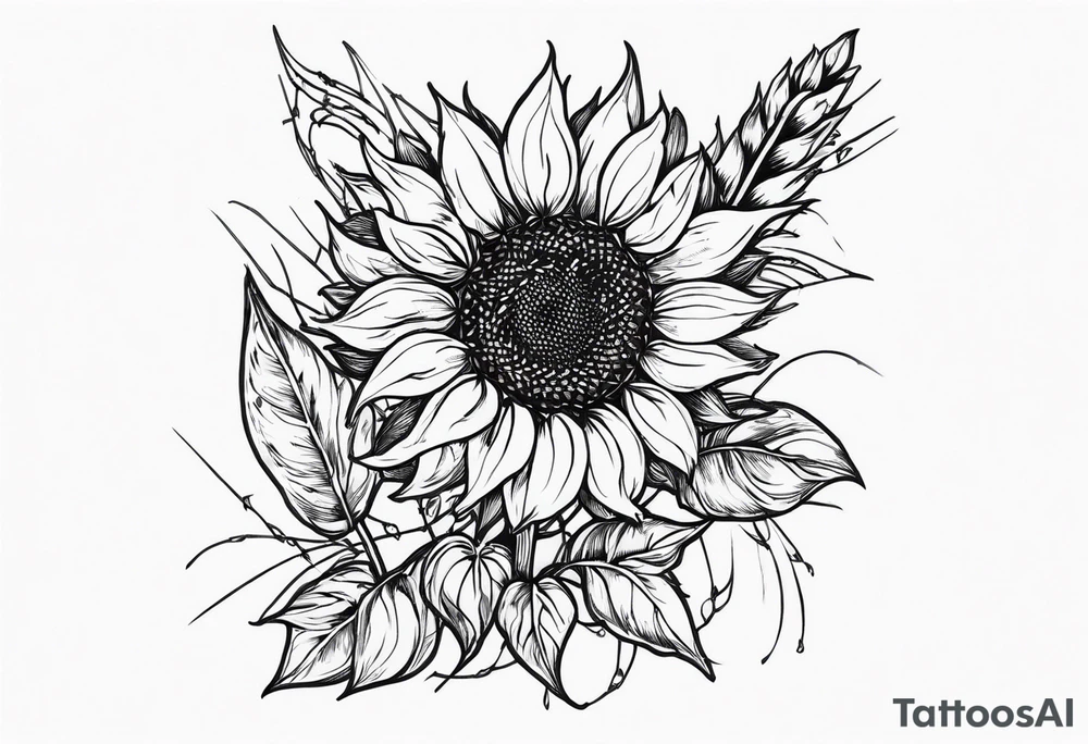 Sunflower, wheat, and barbed wire half sleeve tattoo idea