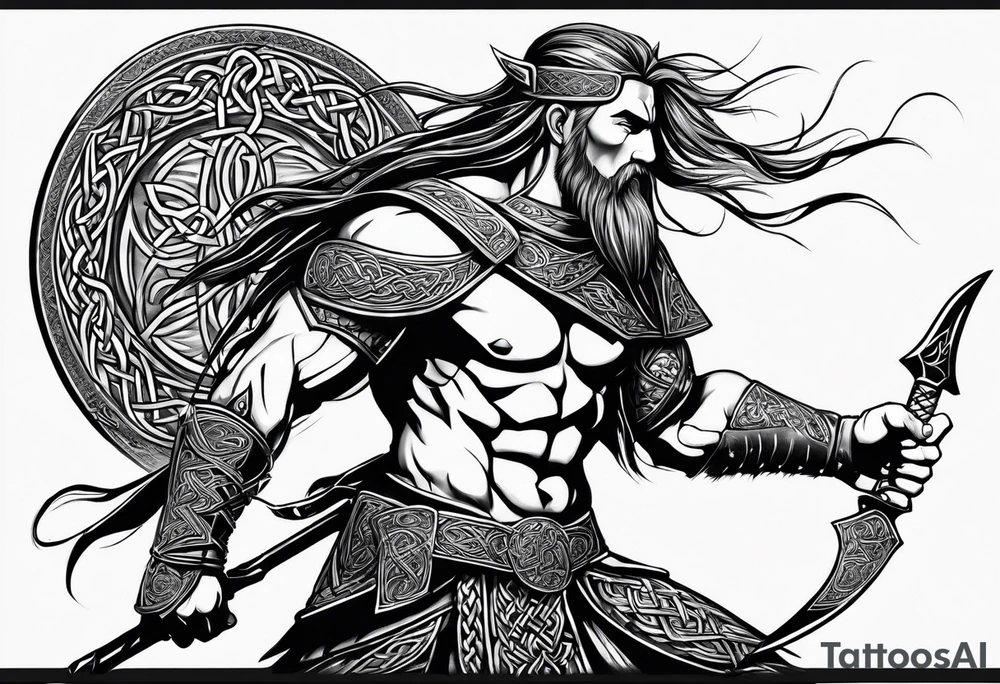 Side full body shot of Celtic warrior with weapon drawn. tattoo idea