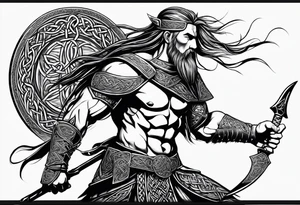 Side full body shot of Celtic warrior with weapon drawn. tattoo idea