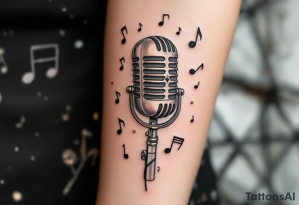 Vintage Microphone Tattoo – A classic, detailed black and gray tattoo of a vintage microphone with intricate shading, surrounded by musical notes floating around it in soft gold and bronze hues. tattoo idea