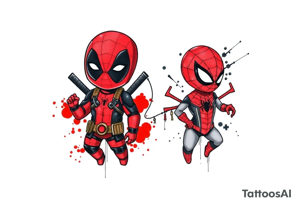 Project: Upper Arm Half-Sleeve Tattoo (Chibi Marvel Duo)
Placement: Upper Arm (Shoulder cap down to just above the elbow)
Reference Images: Chibi Deadpool (Image 1) and Chibi Spider-Man (Image 2)
Design Request & Layout:
* Please stack the characters dynamically to fit my upper arm. I'd like Deadpool positioned near the top/shoulder cap, and Spider-Man sitting near the bottom/above the elbow.
* Use the dangling spider and its web thread, along with loose, energetic construction lines, to transition between the two characters and wrap the design around the arm.
Art & Color Style:
* Linework: Please harmonize both characters into a singular, unified style—blending Deadpool's clean comic ink lines with Spider-Man's raw, cross-hatched sketchbook aesthetic.
* Color: The base of the tattoo should be gritty black-and-grey sketch shading. However, I want vibrant pops of red on their suits.
* The Splatter Effect: Instead of keeping the red cleanly inside the lines, please style the red color as a loose, dynamic watercolor/ink splatter effect that bursts out past their outlines and fades into the negative skin space. tattoo idea