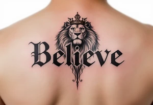 A bold "Believe" in deep crimson, with a crowned lion above it, representing strength and courage in one’s beliefs. tattoo idea