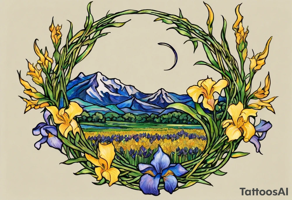 Create a small, delicate colorful Vincent van Gogh Irises tattoo in the form of a crescent, with vines or Celtic knots gracefully intertwining at a central point in the middle of the wreath.  In the middle of the wreath are mountains and other items found in New Mexico. Ensure that the design avoids the appearance of a bush and maintains a more structured and deliberate arrangement. The intended placement is on the upper chest. The overall design should be small in size while maintaining a delicate and artistic aesthetic. Pay attention to the graceful flow of the vines and the placement of the irises to achieve a refined and elegant look. Has to cover 2 by 4 inches wing tattoos tattoo idea