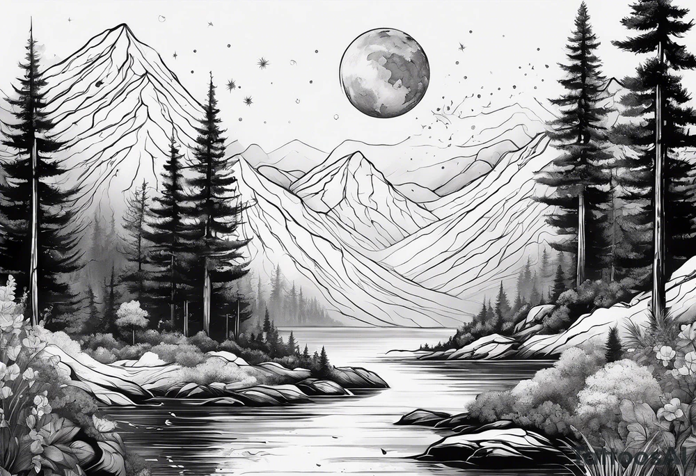 line art of space and nature tattoo idea