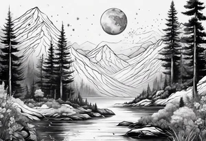 line art of space and nature tattoo idea