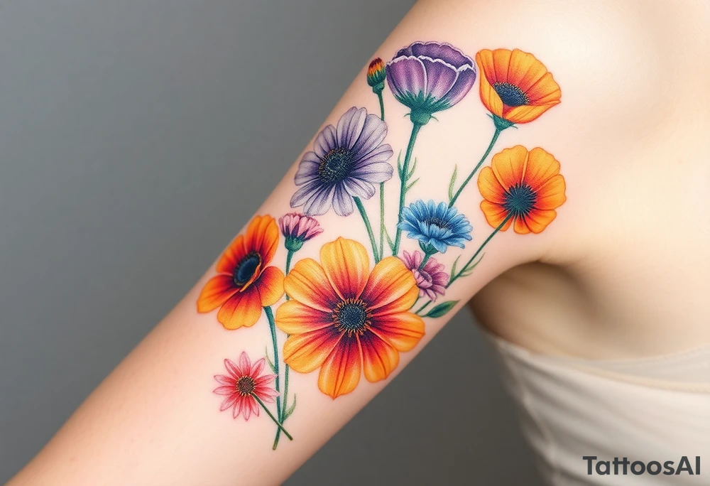Create an image of an upper arm tattoo (from shoulder cap to just above the elbow) comprised of California poppies, California blackberries, gray’s lupine, marsh marigold, Indian paintbrush, one daisy, and an orange and orange blossom. Use color tattoo idea
