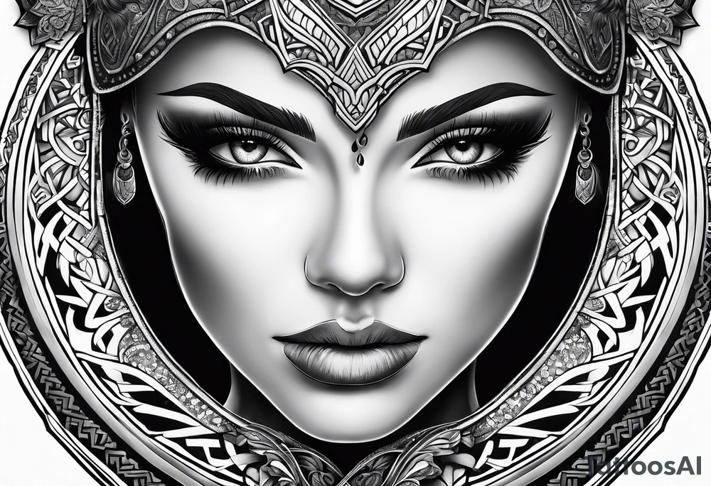 Viking, feminine warrior, mandala, bedroom eyes, headshot tattoo idea
