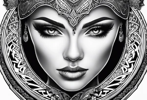 Viking, feminine warrior, mandala, bedroom eyes, headshot tattoo idea
