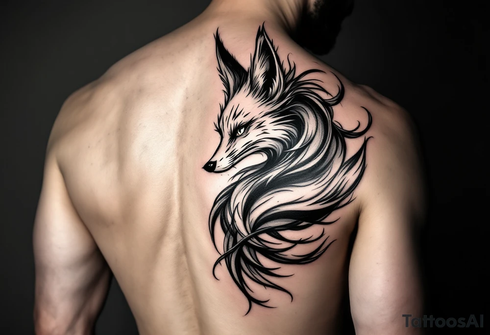 feminine fox of nine tails, the tails are flowy and end looking like flames. The tails wrap around the shoulder body curves and head ending below the armpit tattoo idea