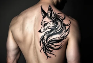 feminine fox of nine tails, the tails are flowy and end looking like flames. The tails wrap around the shoulder body curves and head ending below the armpit tattoo idea