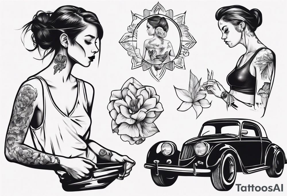 Girl fixing a car tattoo idea