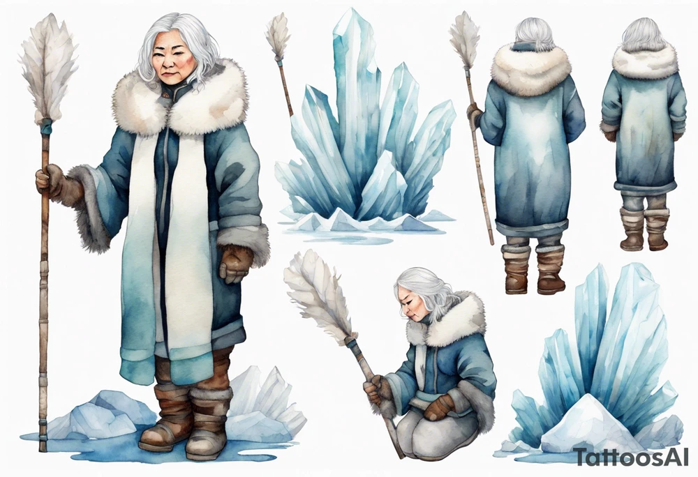 a middle aged Inuit woman with white hair, wearing mittens, mukluks, and a white cloak. Holding a white staff. Standing on an iceberg alone tattoo idea