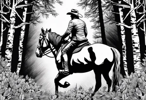 Rider on horseback with head down with aspen and pines tattoo idea