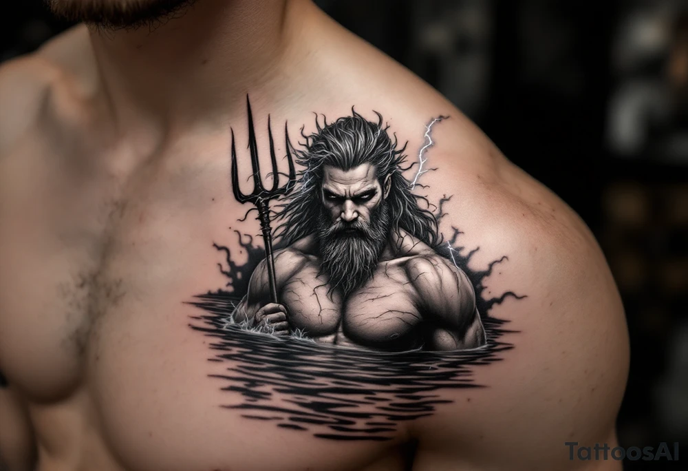 fit poseidon, behind a trident, with lightning, in calm water tattoo idea