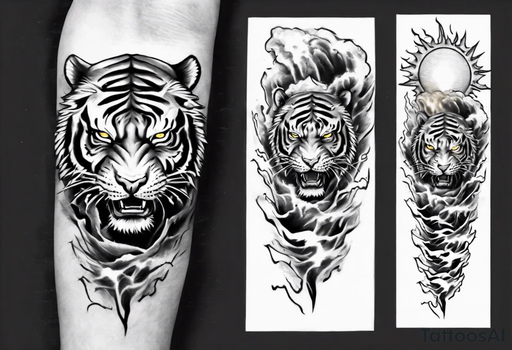 Tiger Warrior sleeve tattoo with lightning and the sun
Forearm sleeve tattoo idea