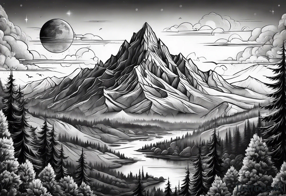 A space mountain landscape overlooking a forest tattoo idea