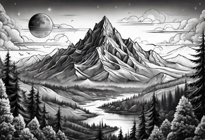 A space mountain landscape overlooking a forest tattoo idea