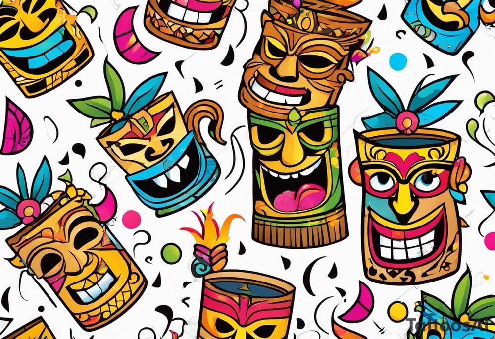tiki party with dancing tiki guys and sexy tiki girls with music notes and confetti tattoo idea
