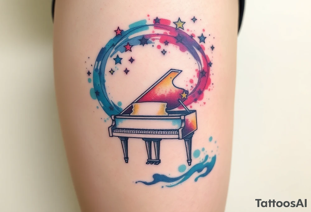 a grand piano under a swirl of stars tattoo idea