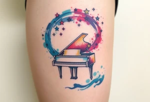 a grand piano under a swirl of stars tattoo idea