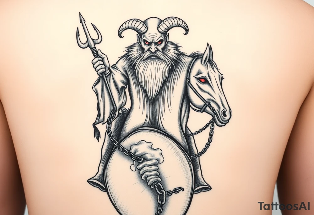 An insanely weird wild crazy man with the biggest eyes I’ve ever seen with a long beard and bald head and goat goats horns riding on the back of a Clydesdale horse holding the devils trident in 1 hand and the other hand holding a chain that’s around the horses neck hanging on as if his life dependent on it the horse having bright red eyes smoke coming out of the nose tattoo idea