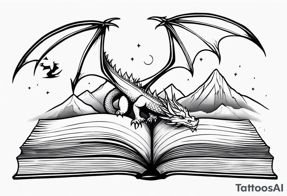 A large open book fluttering pages. a tiny dragon with scales and four legs flying high in the sky. three mountains magic tattoo idea