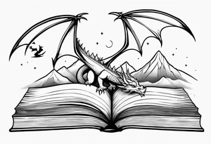 A large open book fluttering pages. a tiny dragon with scales and four legs flying high in the sky. three mountains magic tattoo idea
