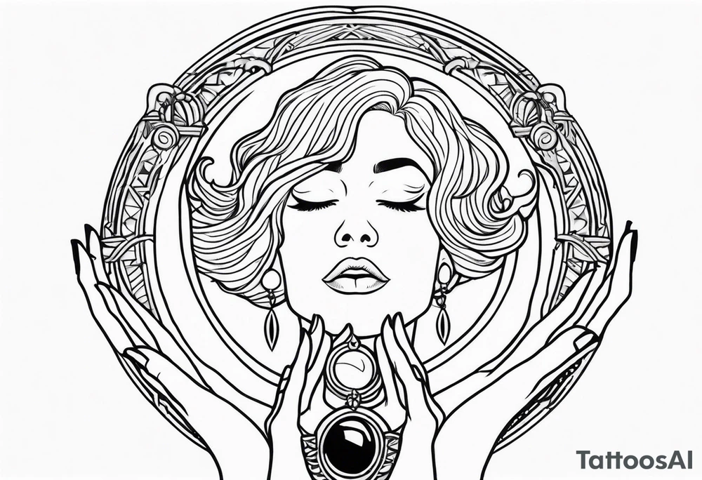 Woman , hands over head , holding orb of life tattoo idea