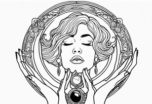 Woman , hands over head , holding orb of life tattoo idea