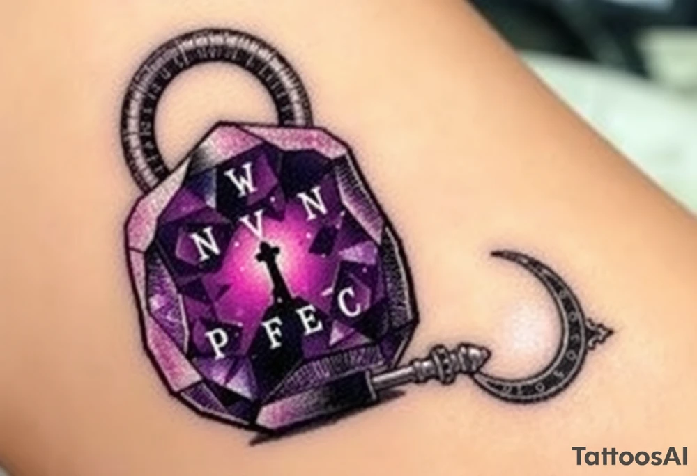 A deep purple crystal lock with glowing runes, and a crescent moon-shaped key radiating a mystical aura and lying beside it. tattoo idea