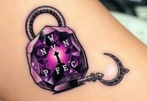 A deep purple crystal lock with glowing runes, and a crescent moon-shaped key radiating a mystical aura and lying beside it. tattoo idea