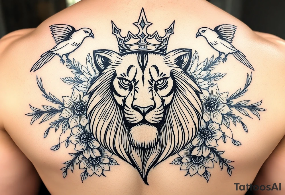 powerful majestic lion with a crown, surrounded by floral ornaments and birds tattoo idea